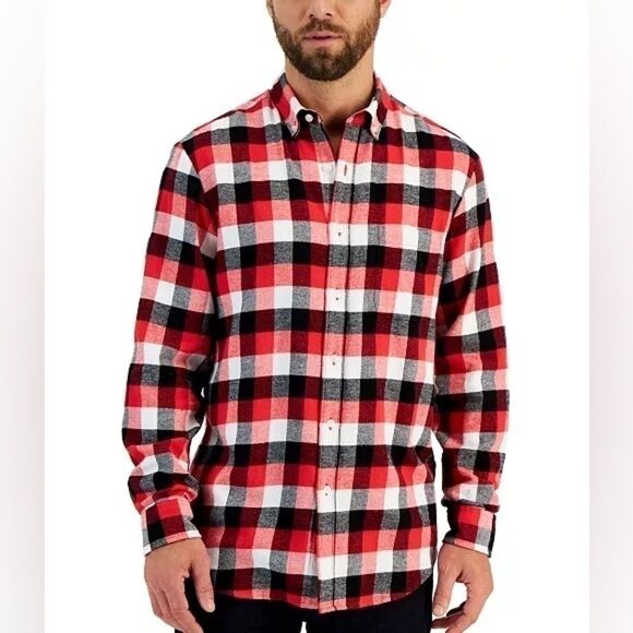 Club Room men M red BluePlaid Button Top shirt Long Sleeve fire plaid combo - Picture 1 of 3